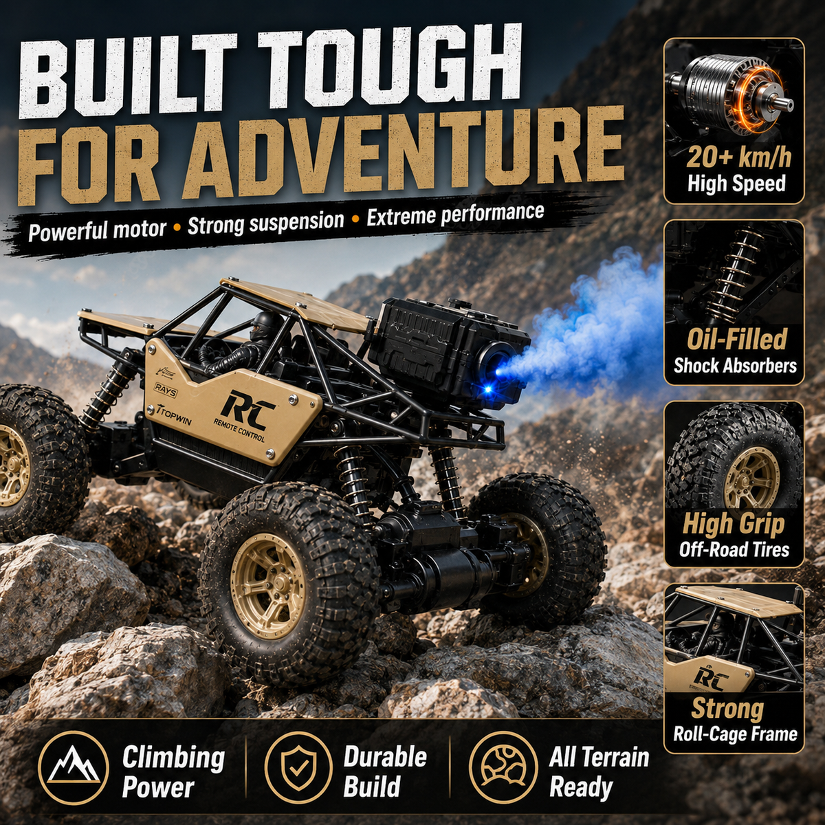 Remote Control Rock Crawler Metal Body – Rechargeable Smoke Effect Toy Car for Kids