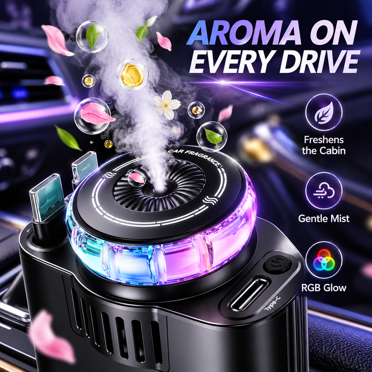 5-in-1 Car Charger & Aroma Diffuser – 69W Fast Charging with Retractab - Image 5