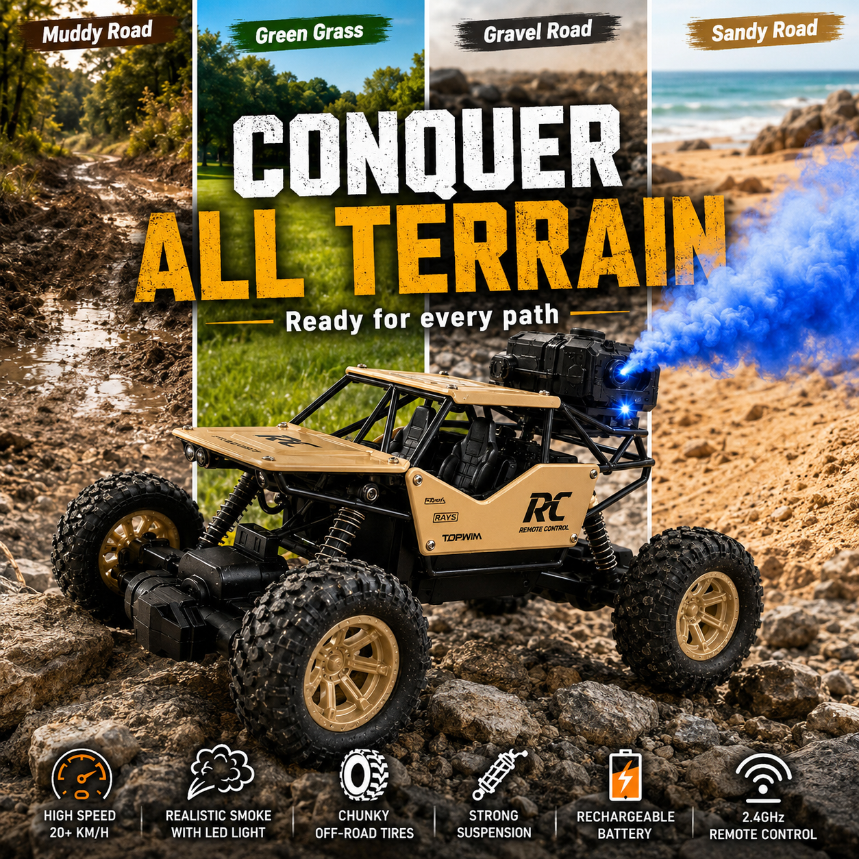 Remote Control Rock Crawler Metal Body – Rechargeable Smoke Effect Toy Car for Kids