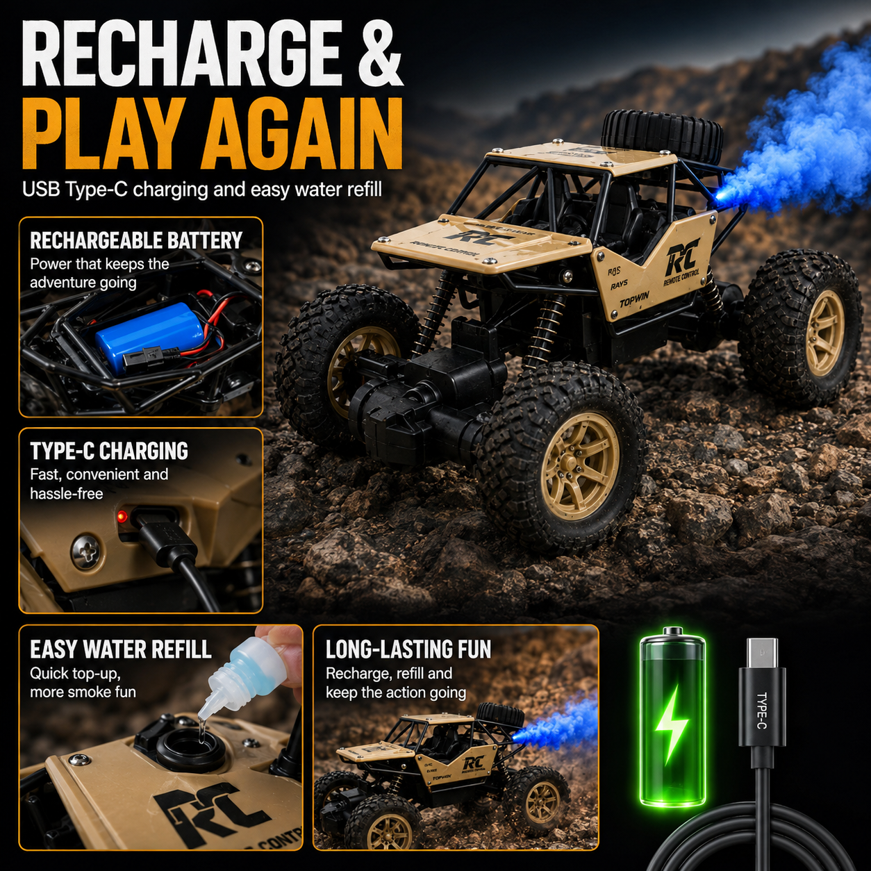 Remote Control Rock Crawler Metal Body – Rechargeable Smoke Effect Toy Car for Kids