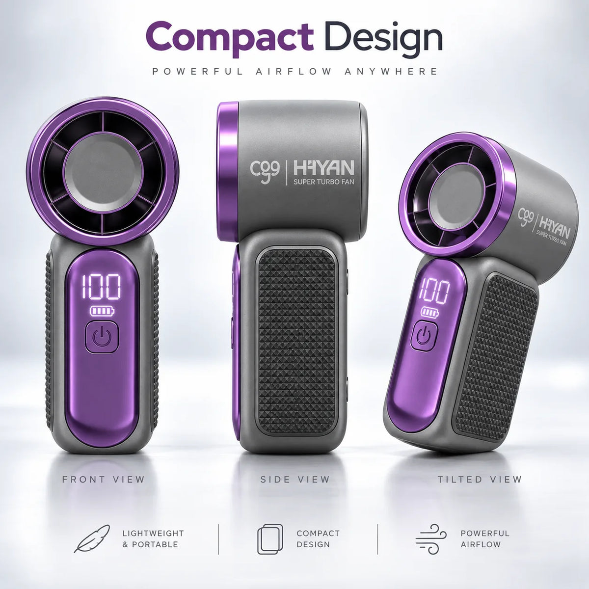 Compact design - front, side and tilted views