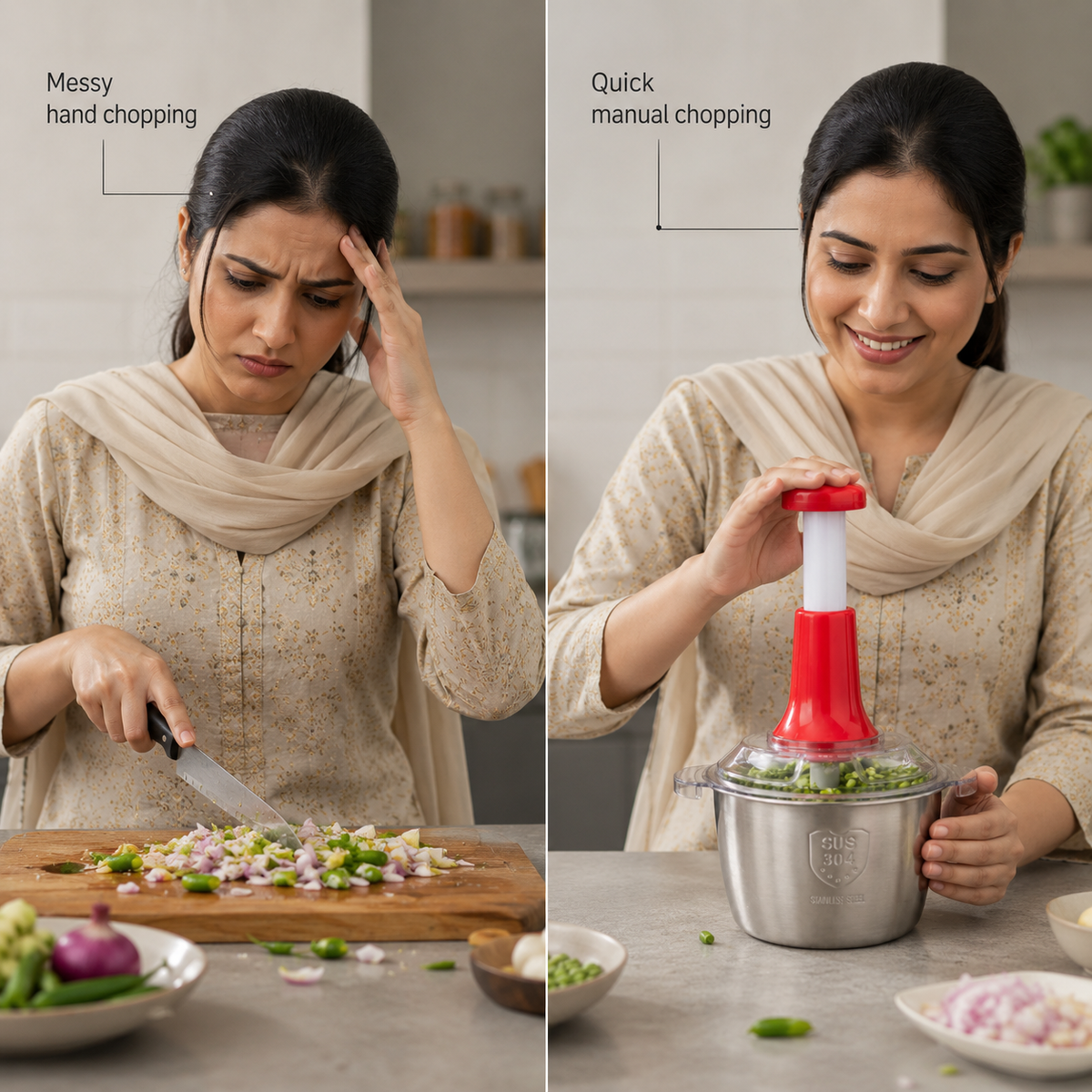 Hand Pressure Vegetable Chopper with Stainless Steel Bowl