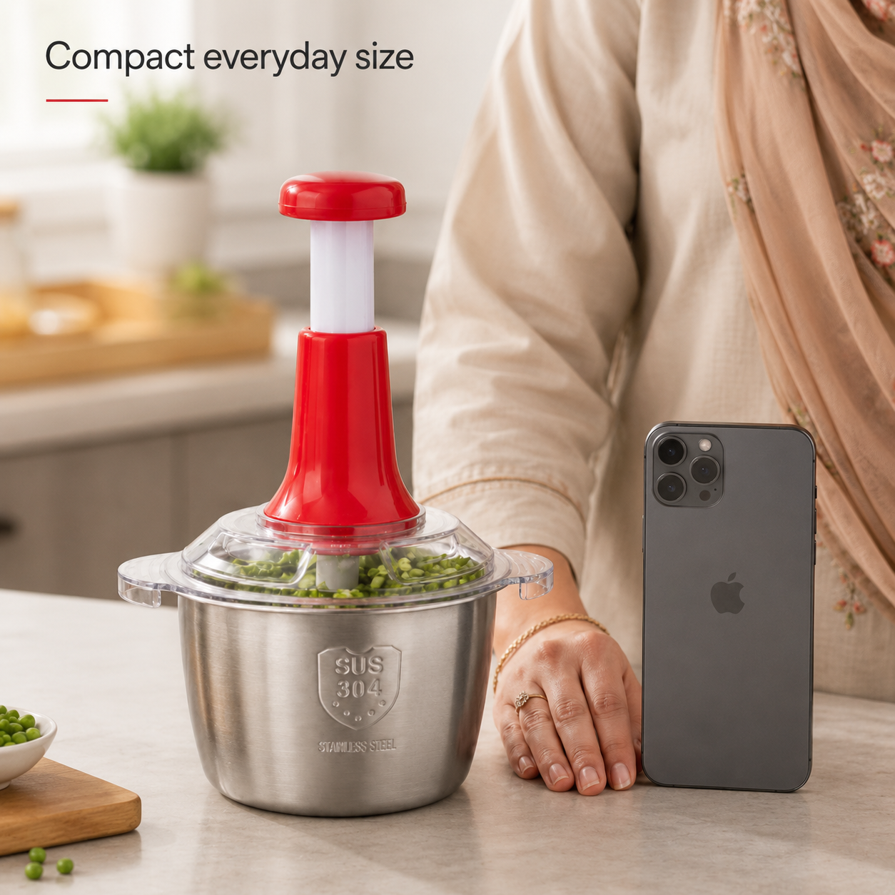 Hand Pressure Vegetable Chopper with Stainless Steel Bowl