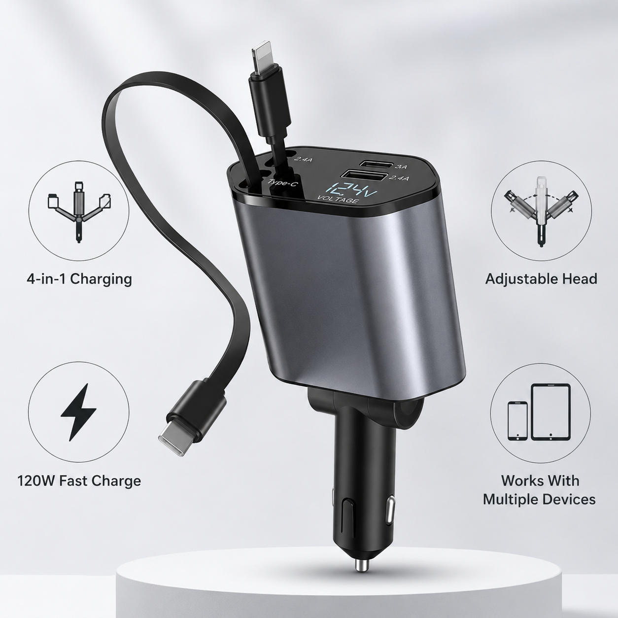 4 IN 1 Retractable Super Fast Car Phone Charger