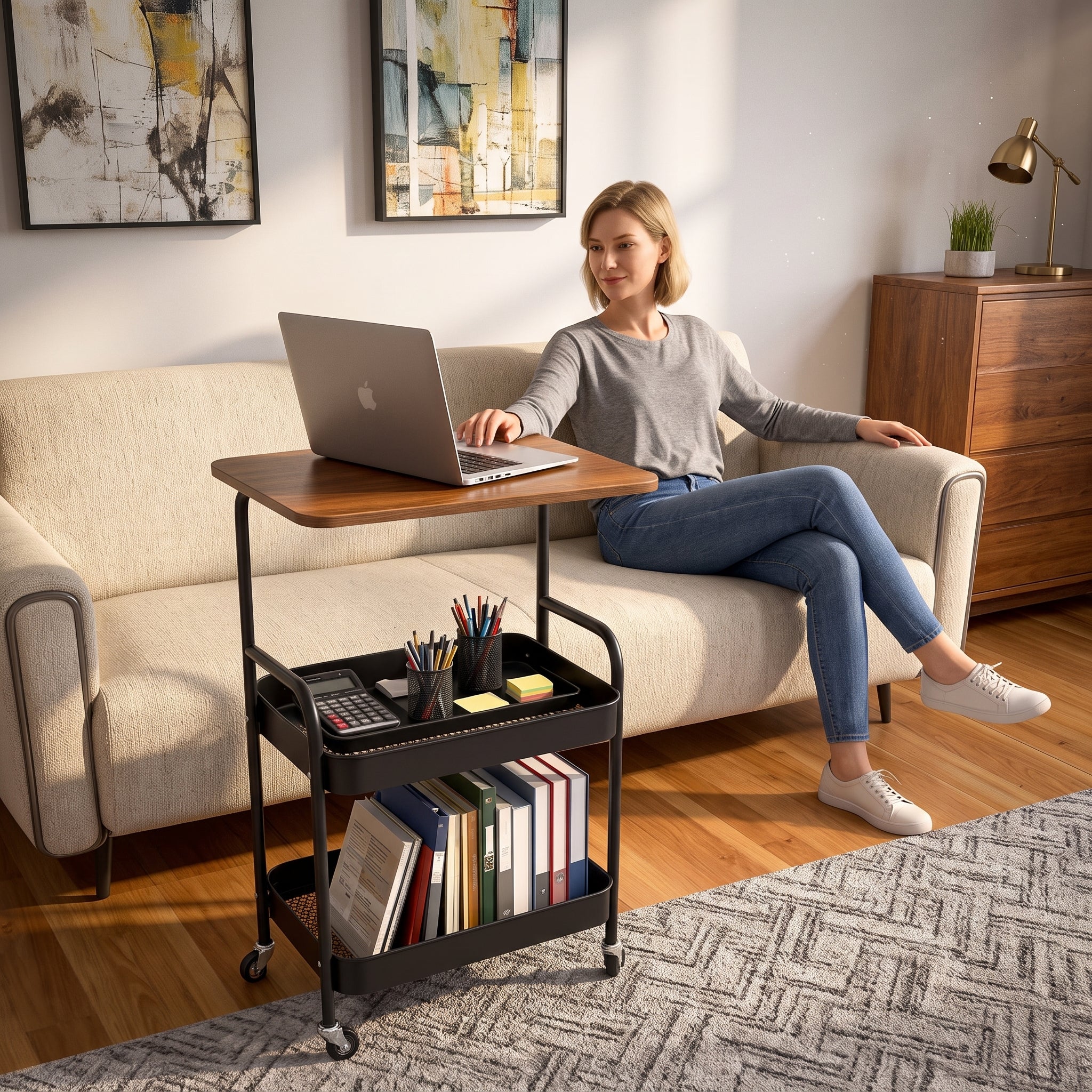 3-Tier Rolling Utility Storage Cart with an Adjustable Flip-Top Laptop Tabletop