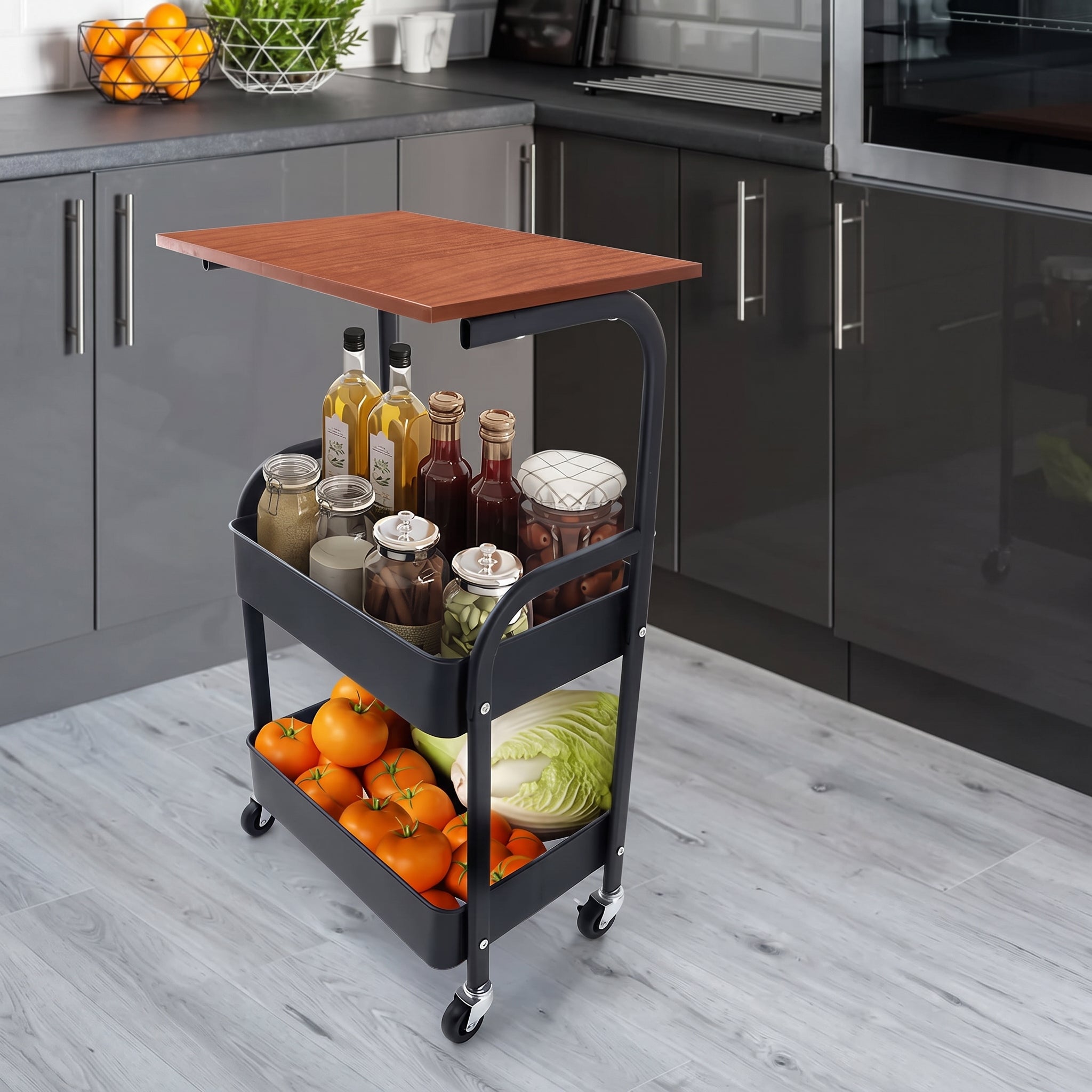 3-Tier Rolling Utility Storage Cart with an Adjustable Flip-Top Laptop Tabletop