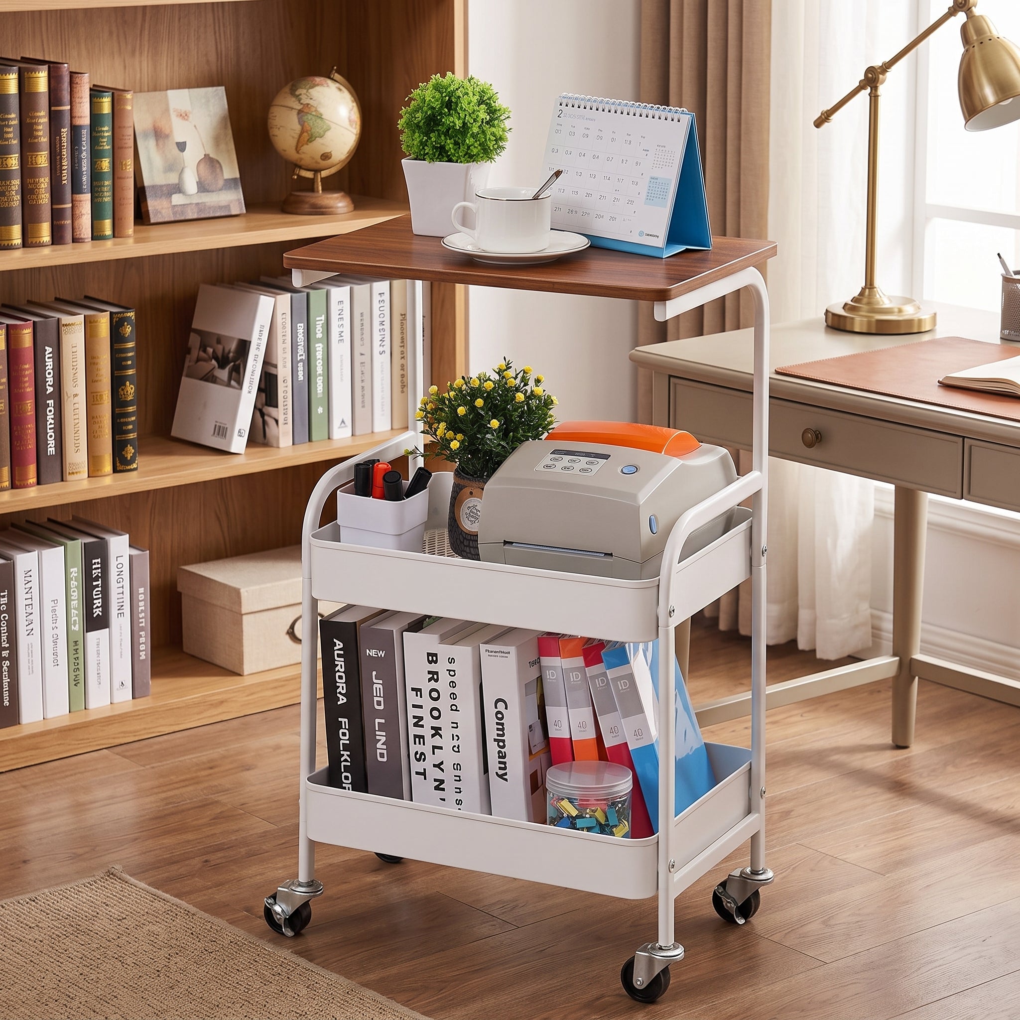 3-Tier Rolling Utility Storage Cart with an Adjustable Flip-Top Laptop Tabletop