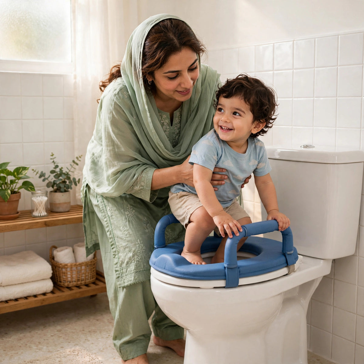 Pakistani mother helping her toddler use the Halfri Baby Potty Training Seat