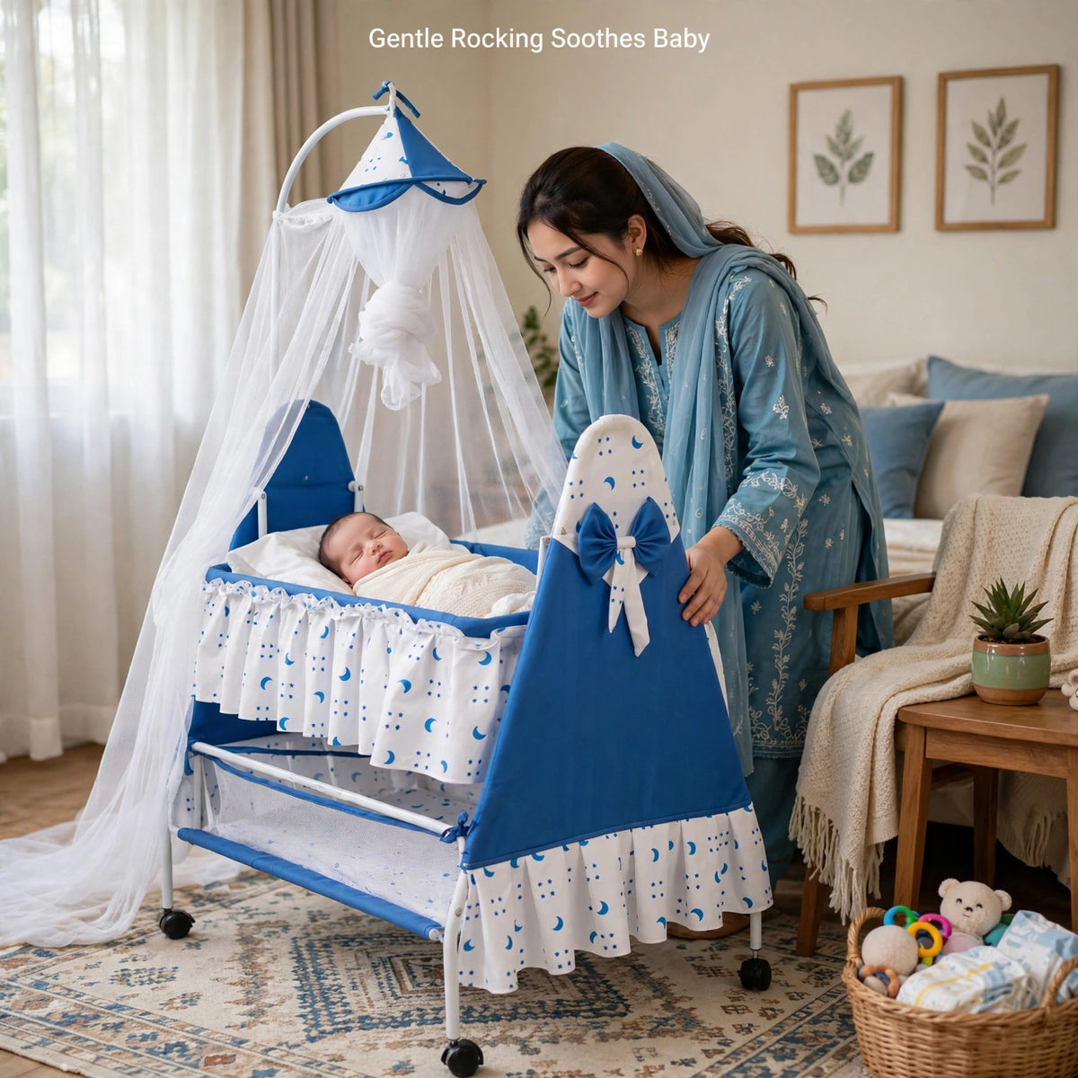 Halfri 3-in-1 Baby Bassinet β Rocking Bedside Crib with Mosquito Net & - Image 2