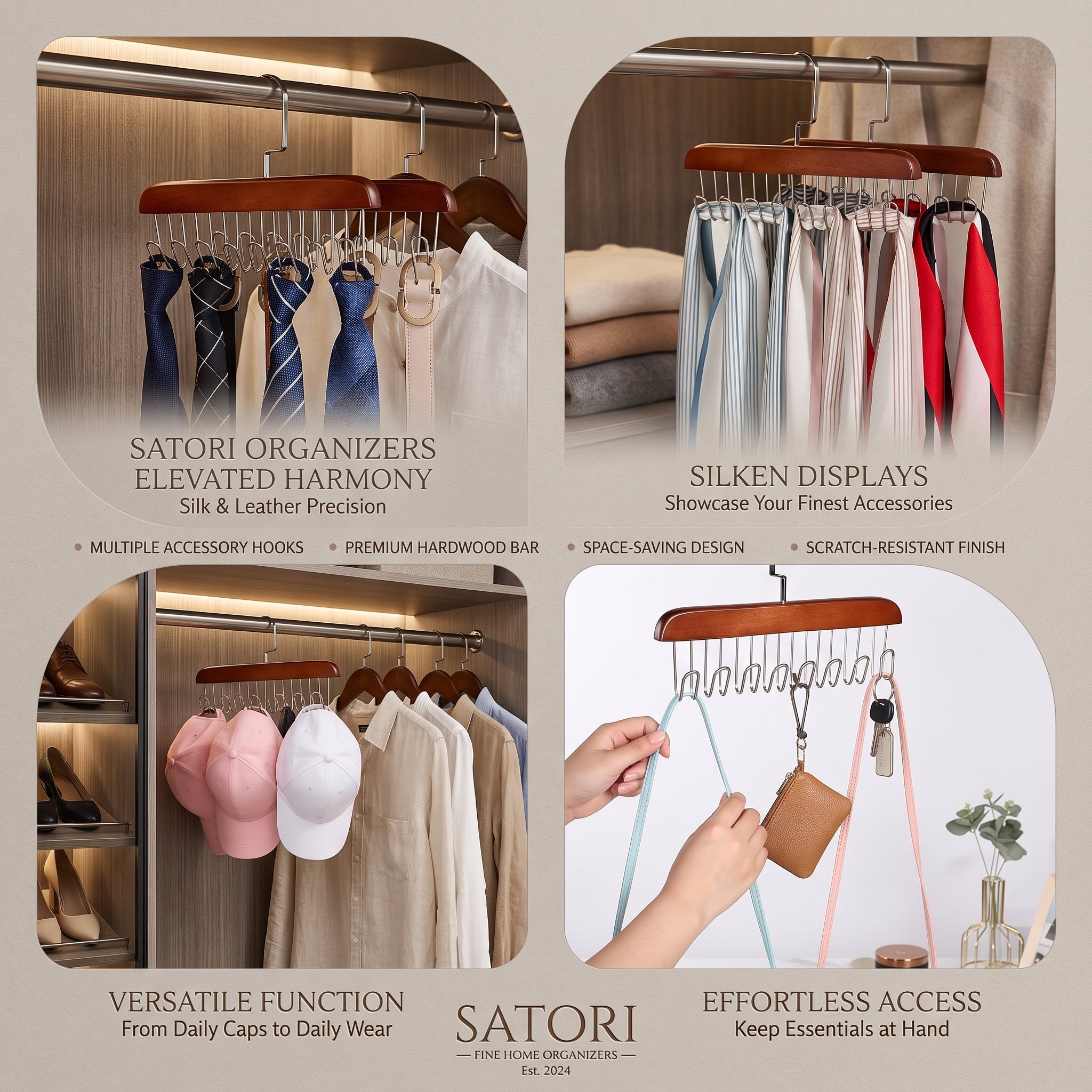 Multifunctional Wooden Hanger with 8 Hooks