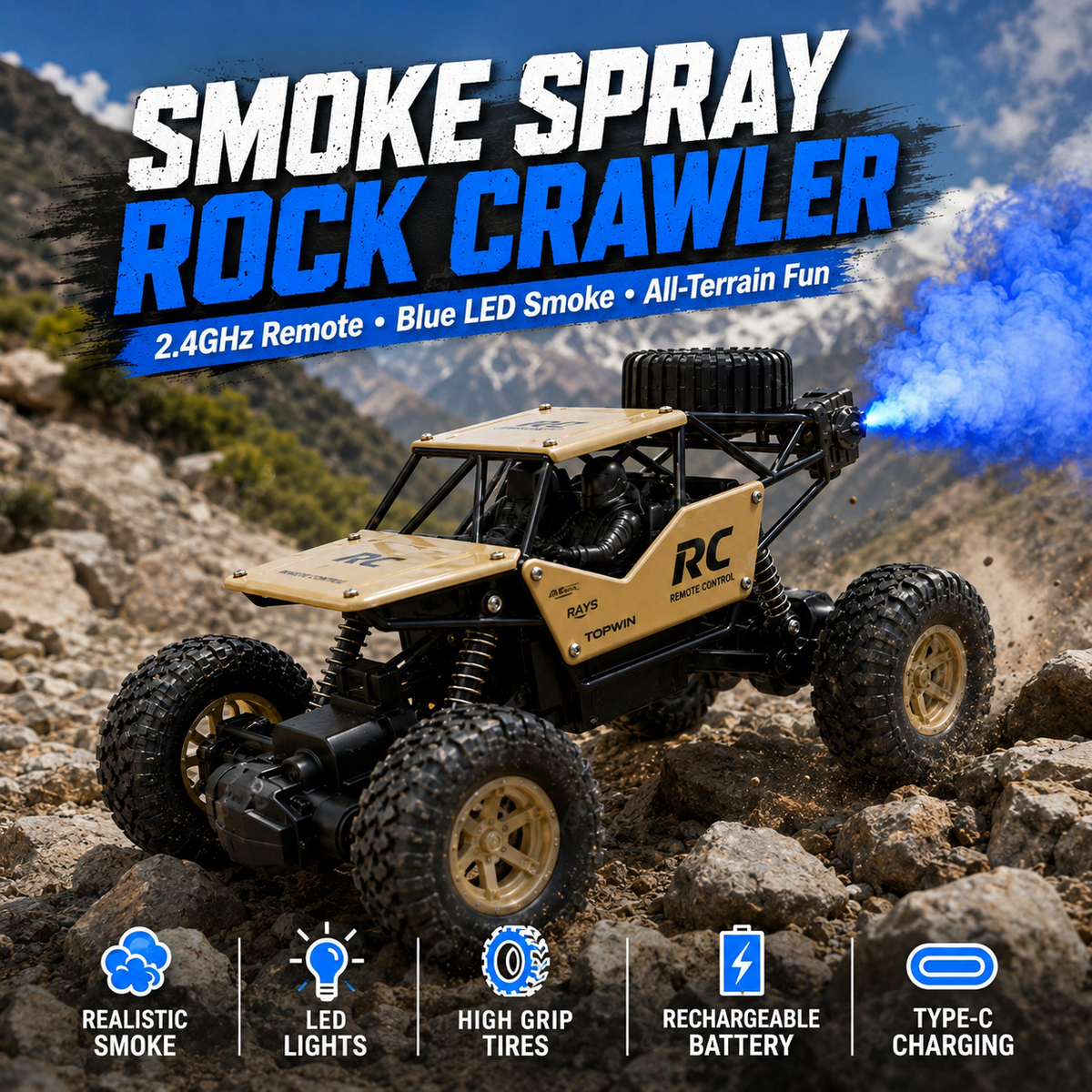 Remote Control Rock Crawler Metal Body – Rechargeable Smoke Effect Toy Car for Kids