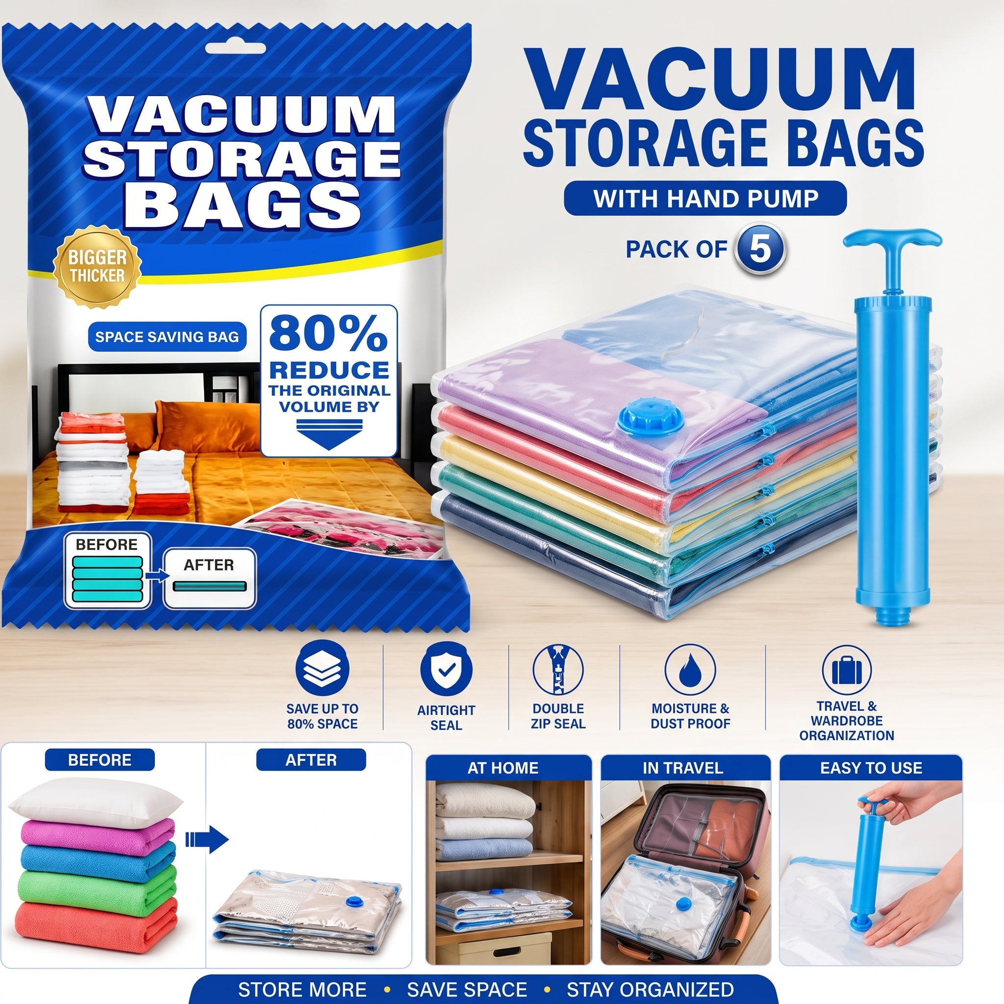 5-Pack Vacuum Storage Bags with a Hand Pump