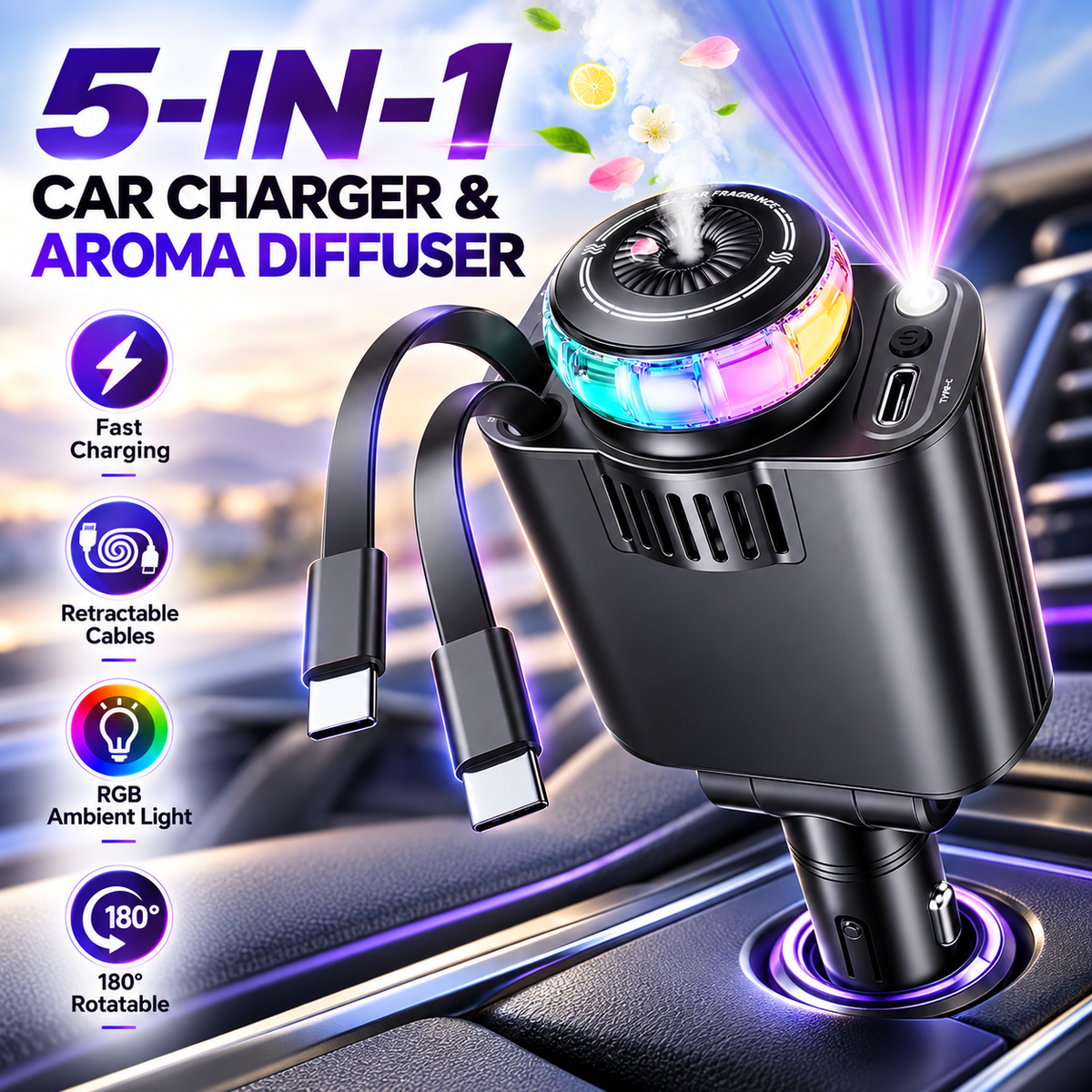 5-in-1 Car Charger & Aroma Diffuser – 69W Fast Charging with Retractab