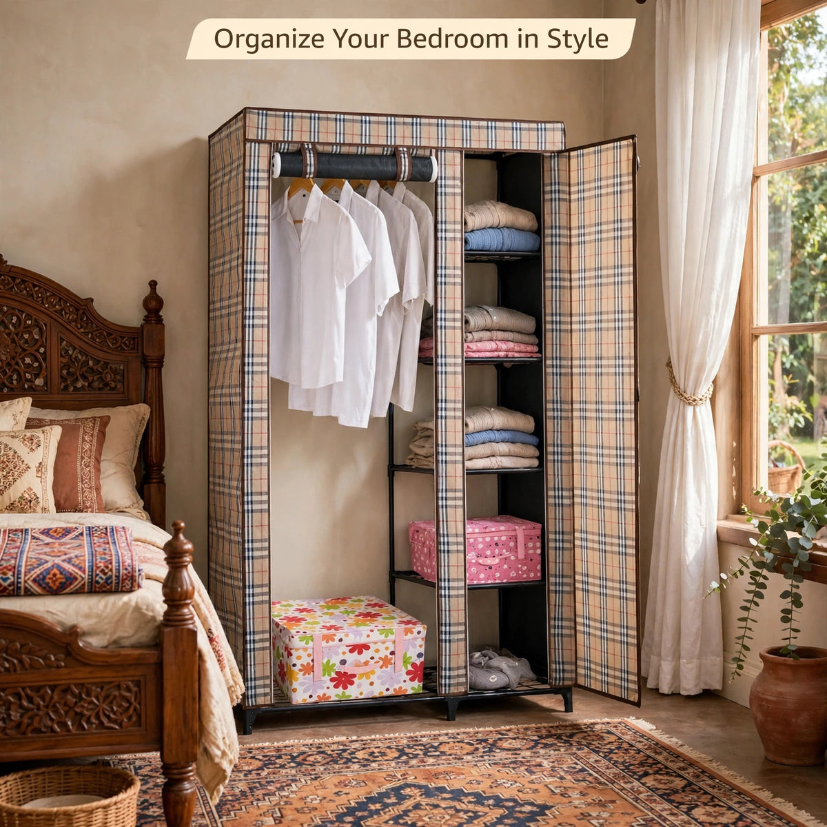 Halfri Portable Fabric Wardrobe – 105cm Foldable Closet with Zipper Co - Image 2