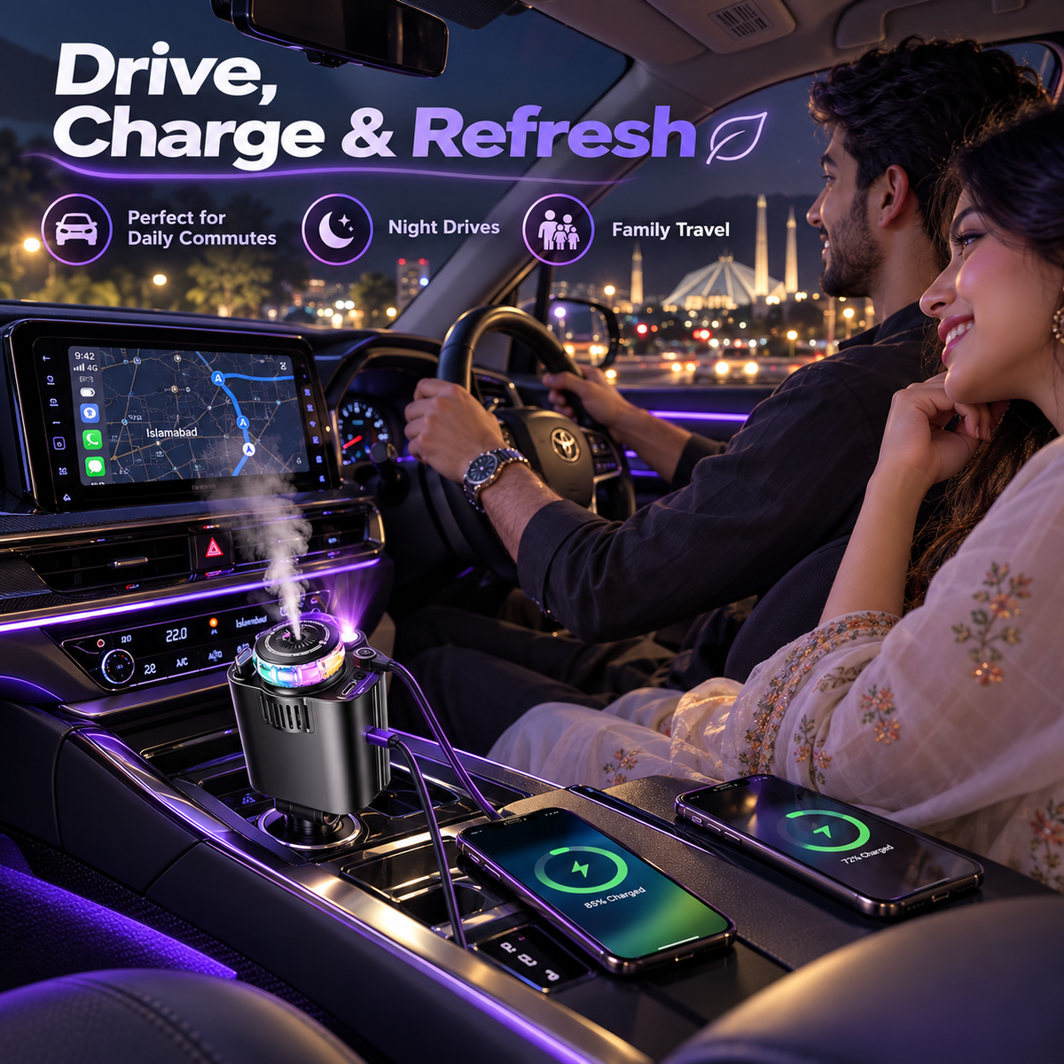 5-in-1 Car Charger & Aroma Diffuser – 69W Fast Charging with Retractab - Image 2
