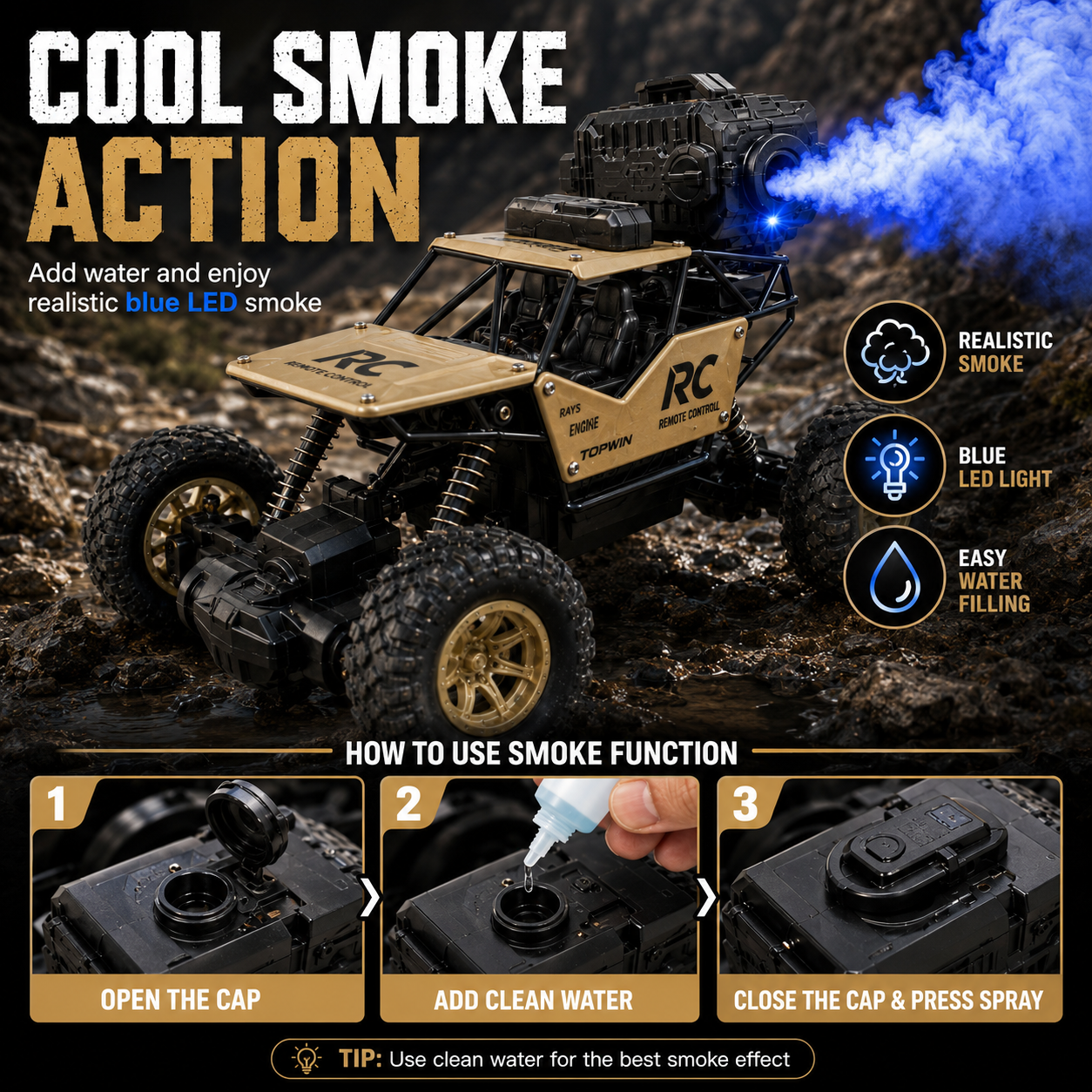 Remote Control Rock Crawler Metal Body – Rechargeable Smoke Effect Toy Car for Kids