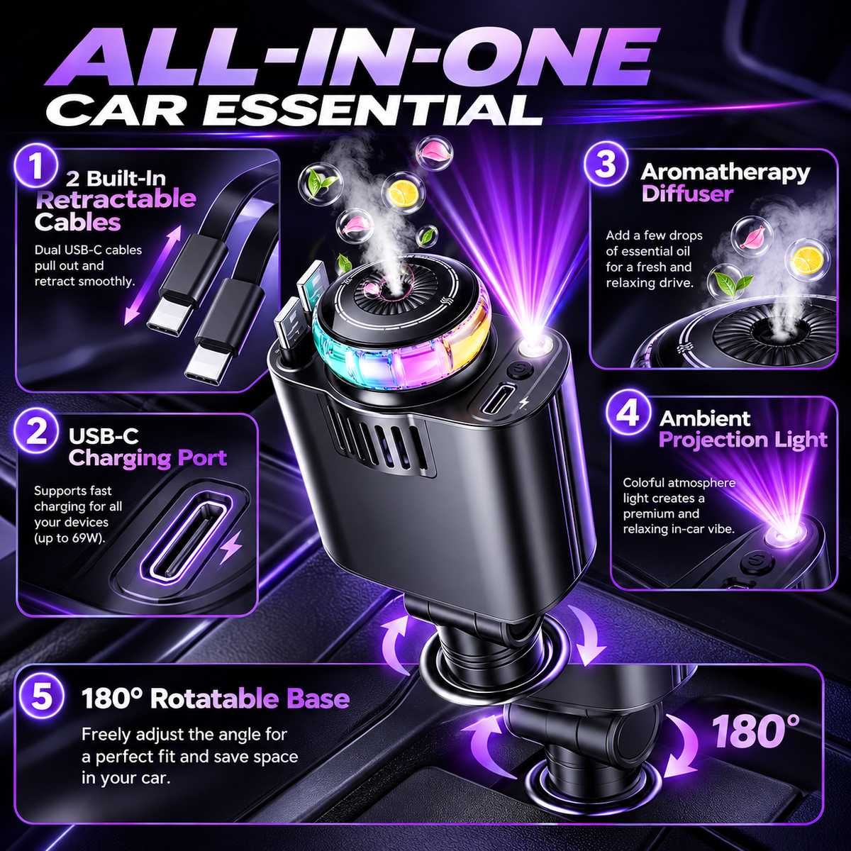 5-in-1 Car Charger & Aroma Diffuser – 69W Fast Charging with Retractab - Image 3