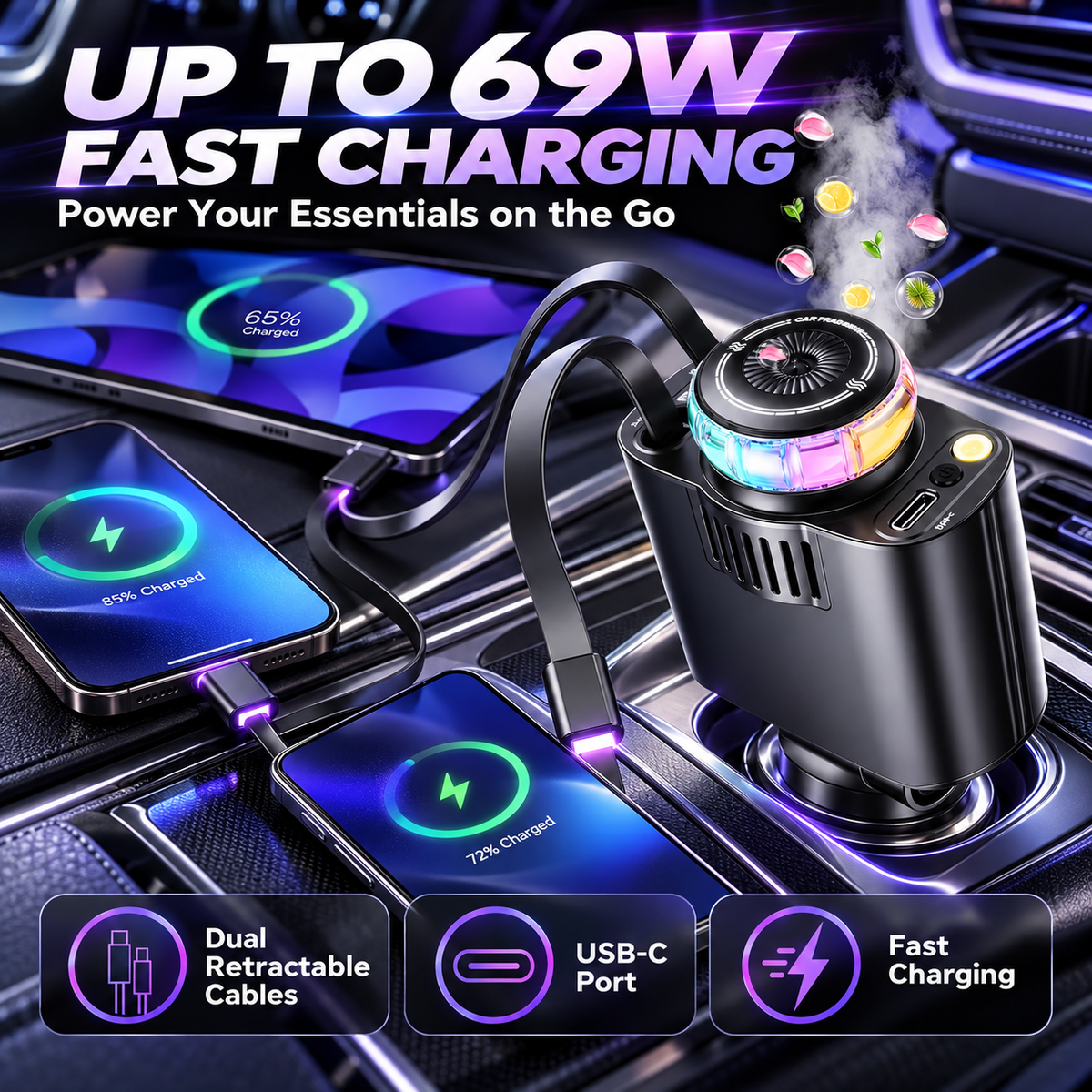 5-in-1 Car Charger & Aroma Diffuser – 69W Fast Charging with Retractab - Image 4