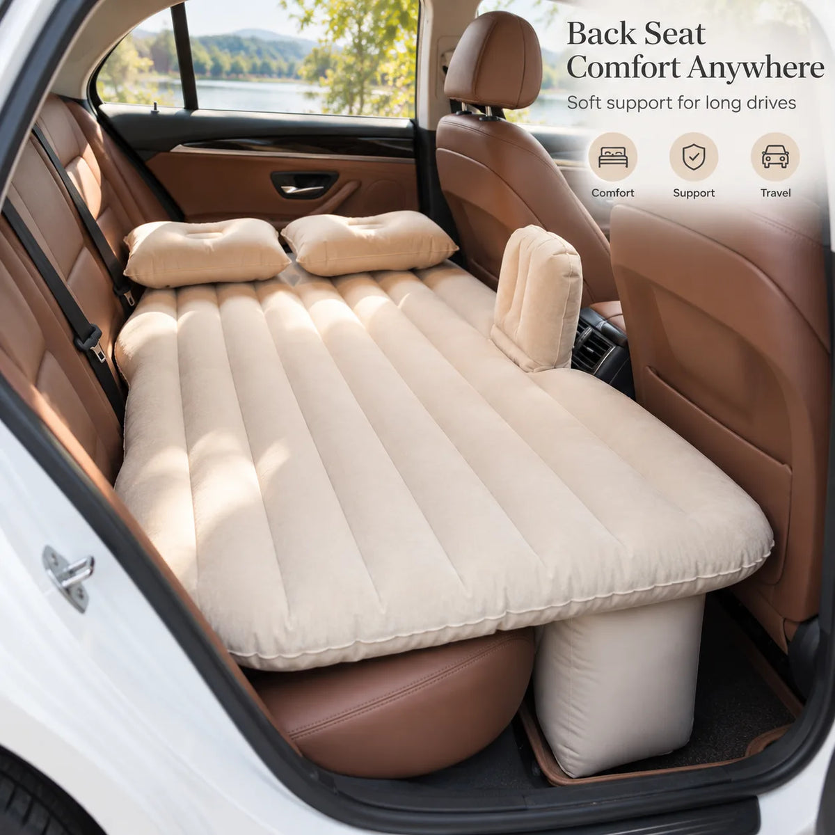 Car Back Seat Inflatable Air Mattress – Portable Travel Bed with 2 Pil