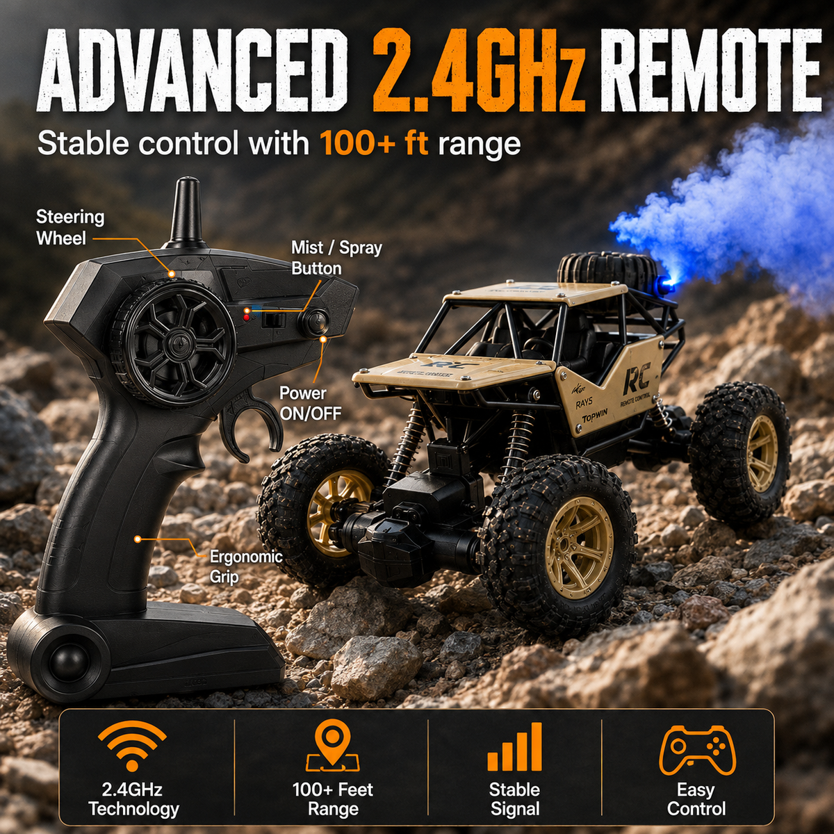 Remote Control Rock Crawler Metal Body – Rechargeable Smoke Effect Toy Car for Kids