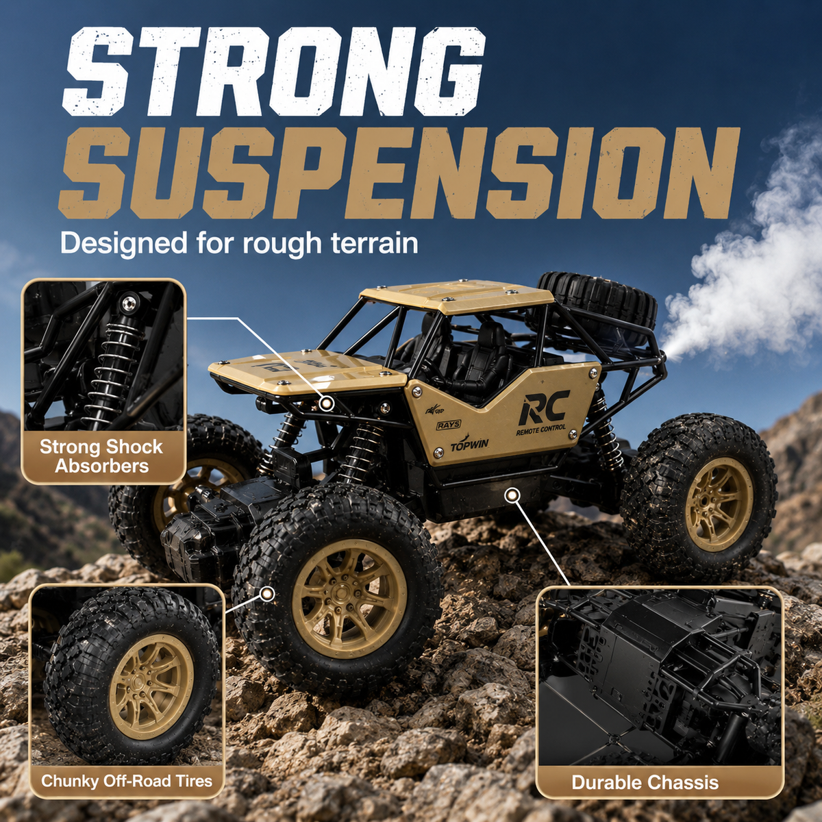 Remote Control Rock Crawler Metal Body – Rechargeable Smoke Effect Toy Car for Kids