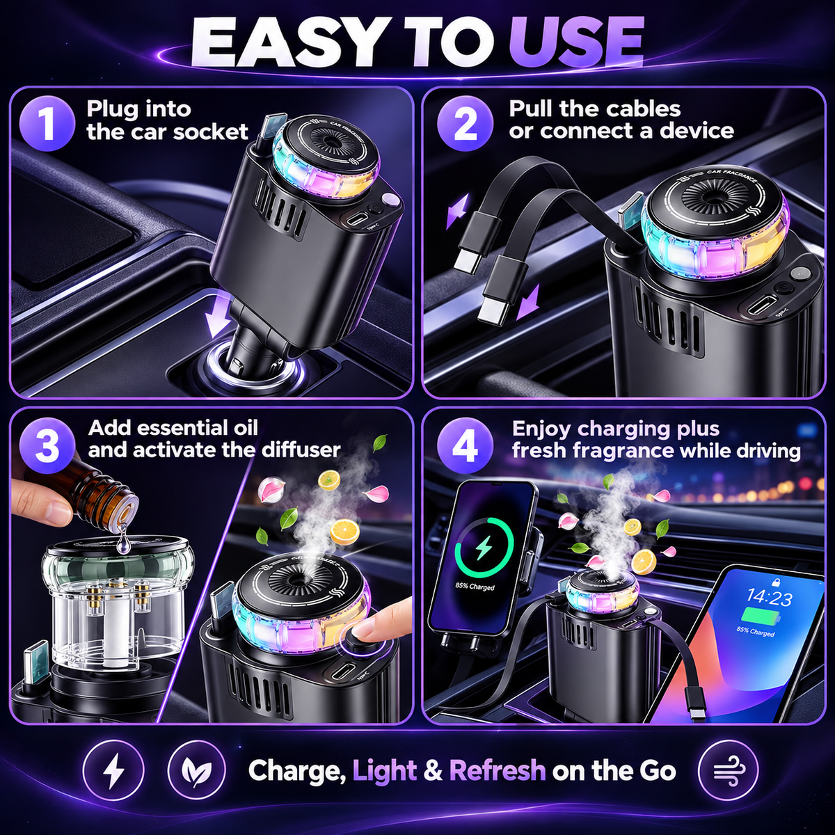 5-in-1 Car Charger & Aroma Diffuser – 69W Fast Charging with Retractab - Image 8