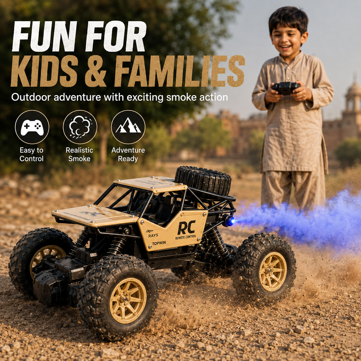 Remote Control Rock Crawler Metal Body – Rechargeable Smoke Effect Toy Car for Kids