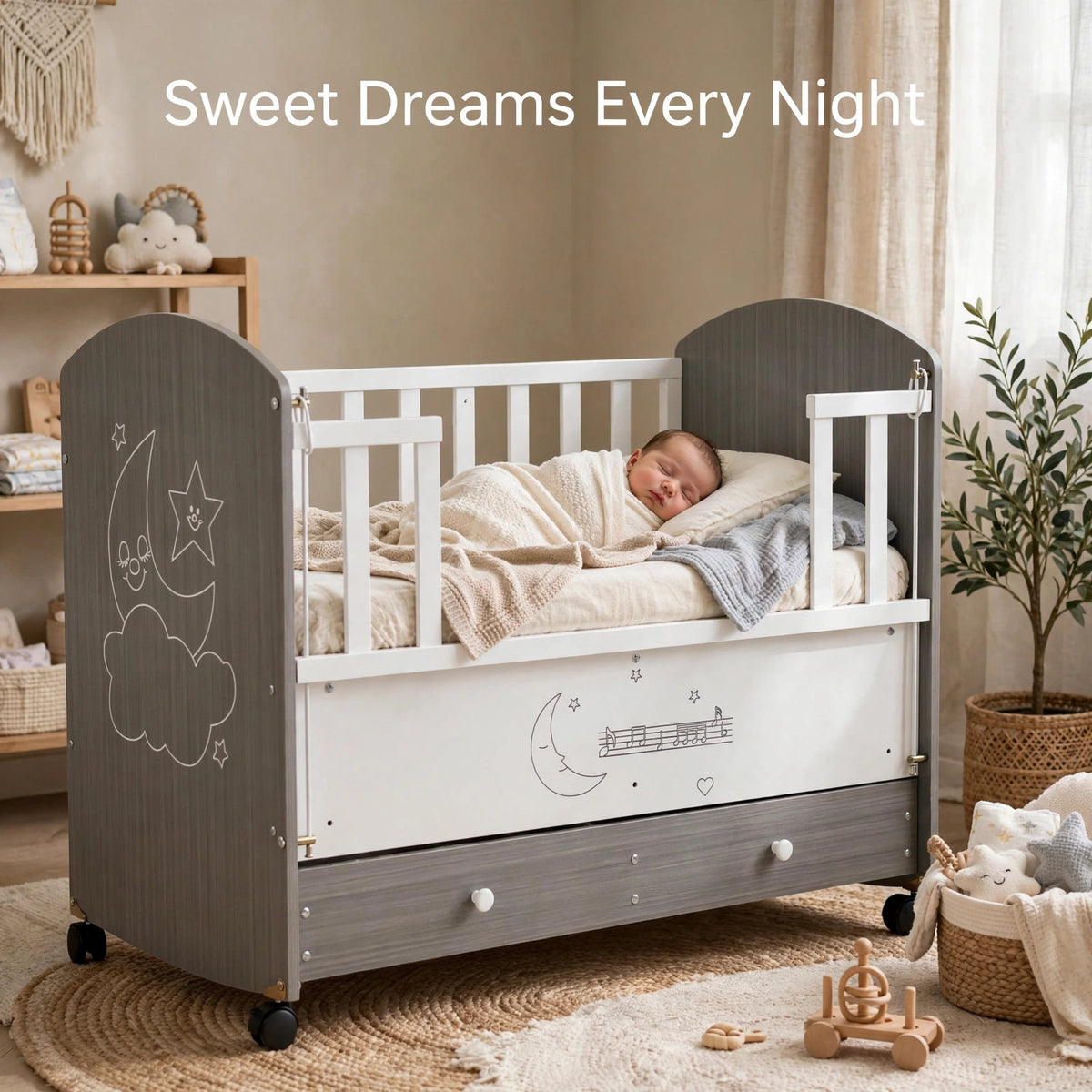 Halfri Wooden Baby Crib with Storage Drawer – Moon & Stars Design, Loc - Image 2