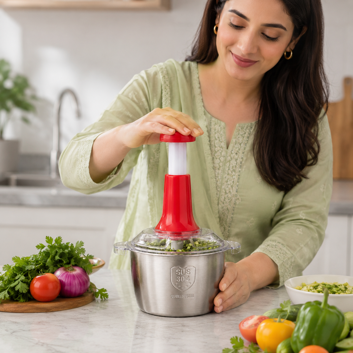 Hand Pressure Vegetable Chopper with Stainless Steel Bowl