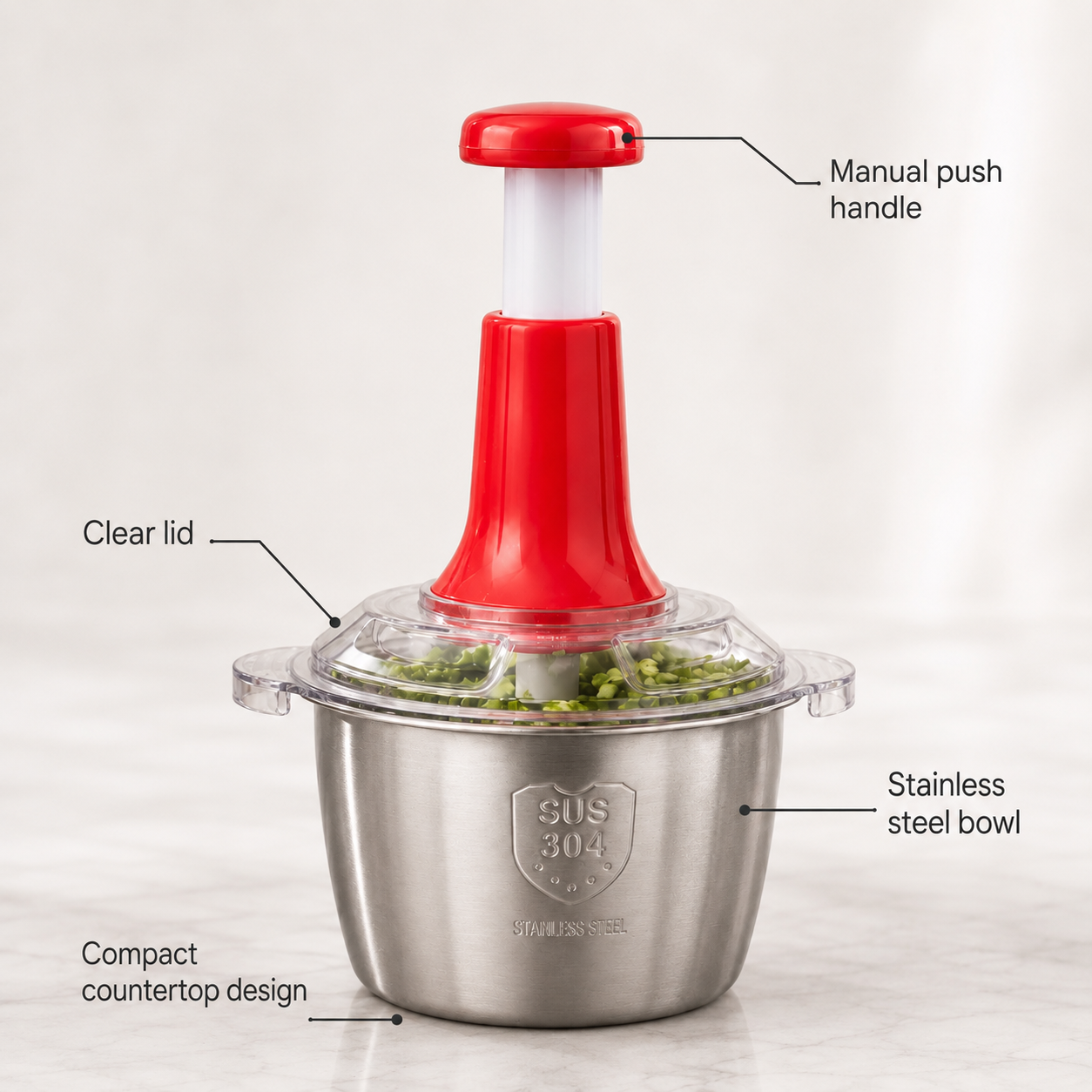 Hand Pressure Vegetable Chopper with Stainless Steel Bowl