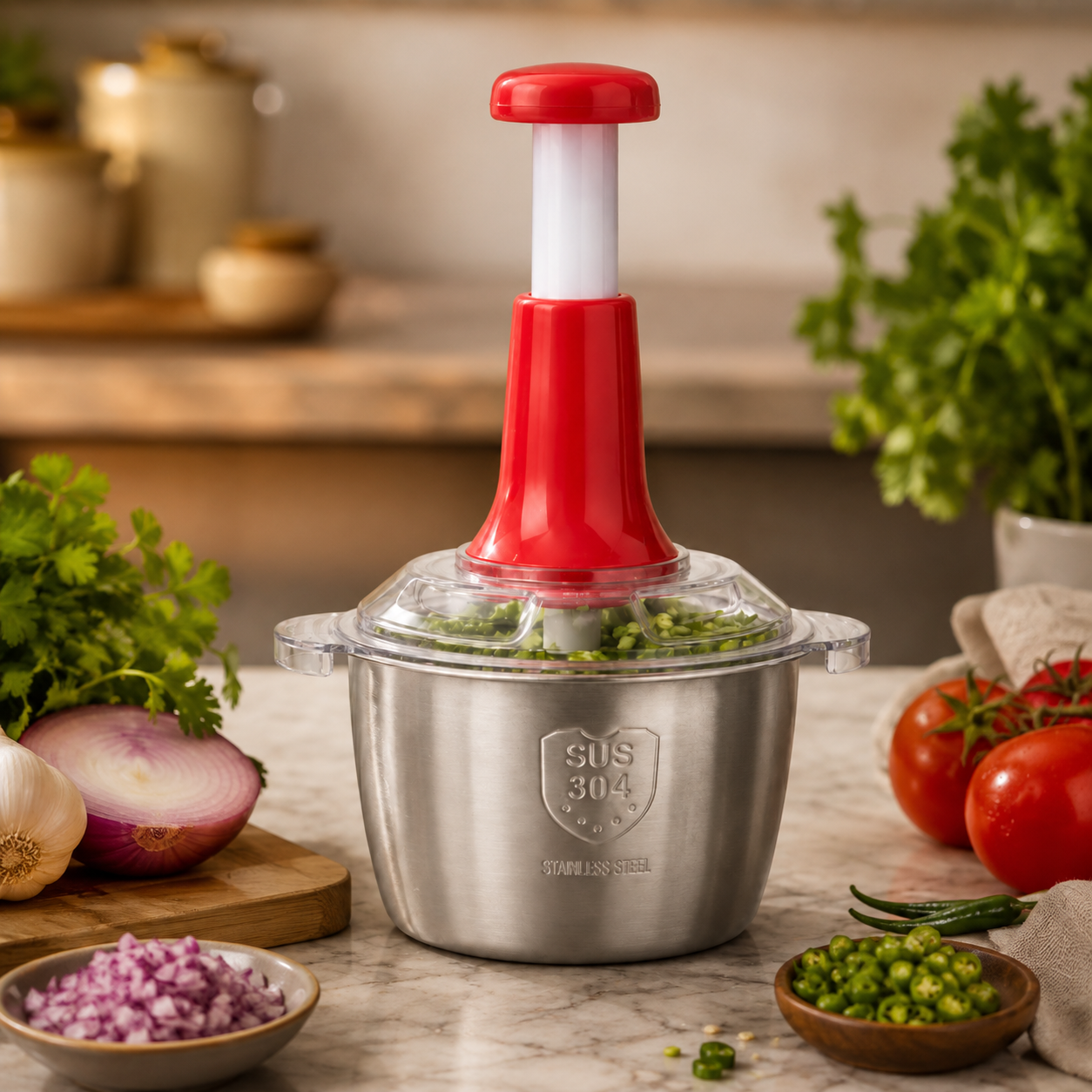 Hand Pressure Vegetable Chopper with Stainless Steel Bowl