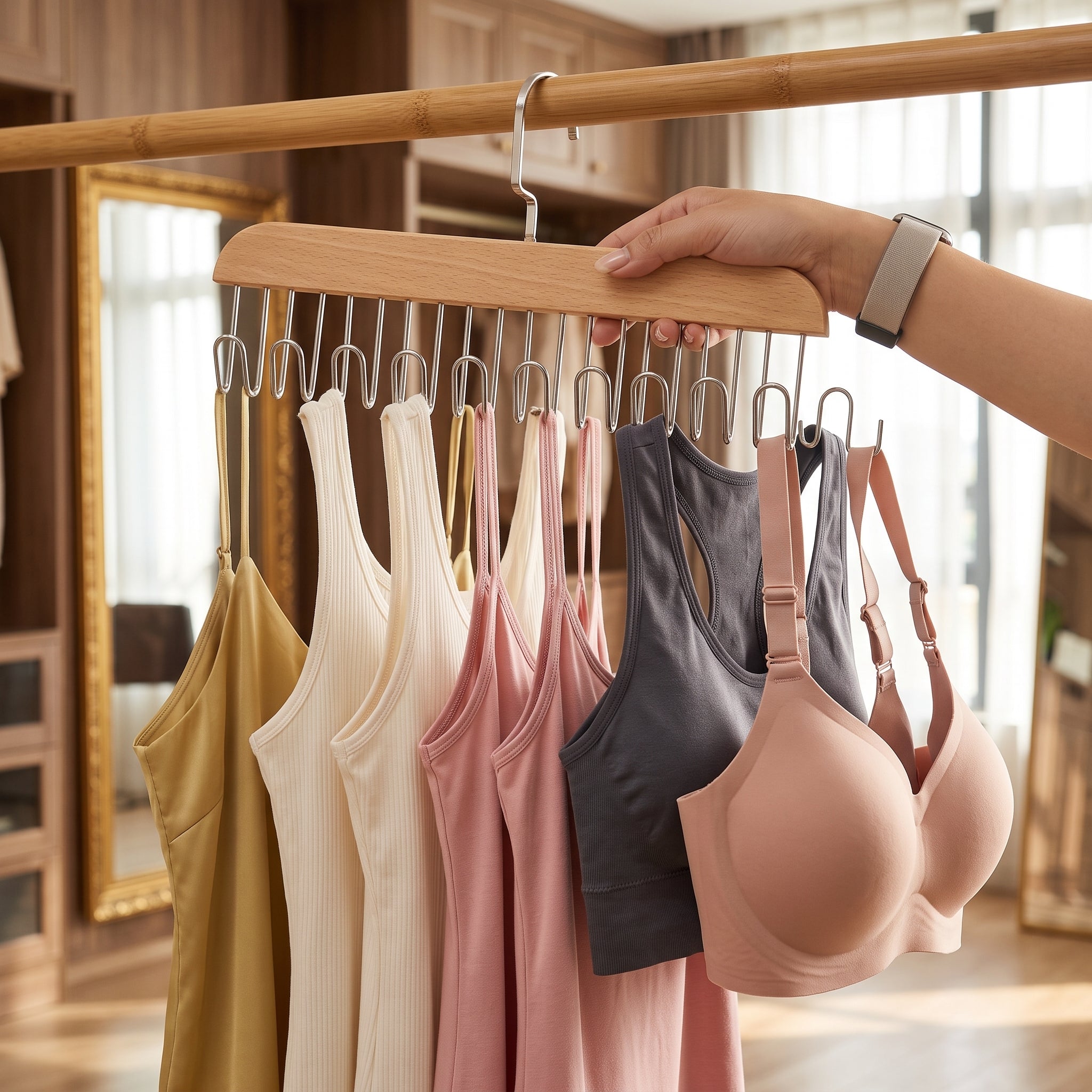 Multifunctional Wooden Hanger with 8 Hooks