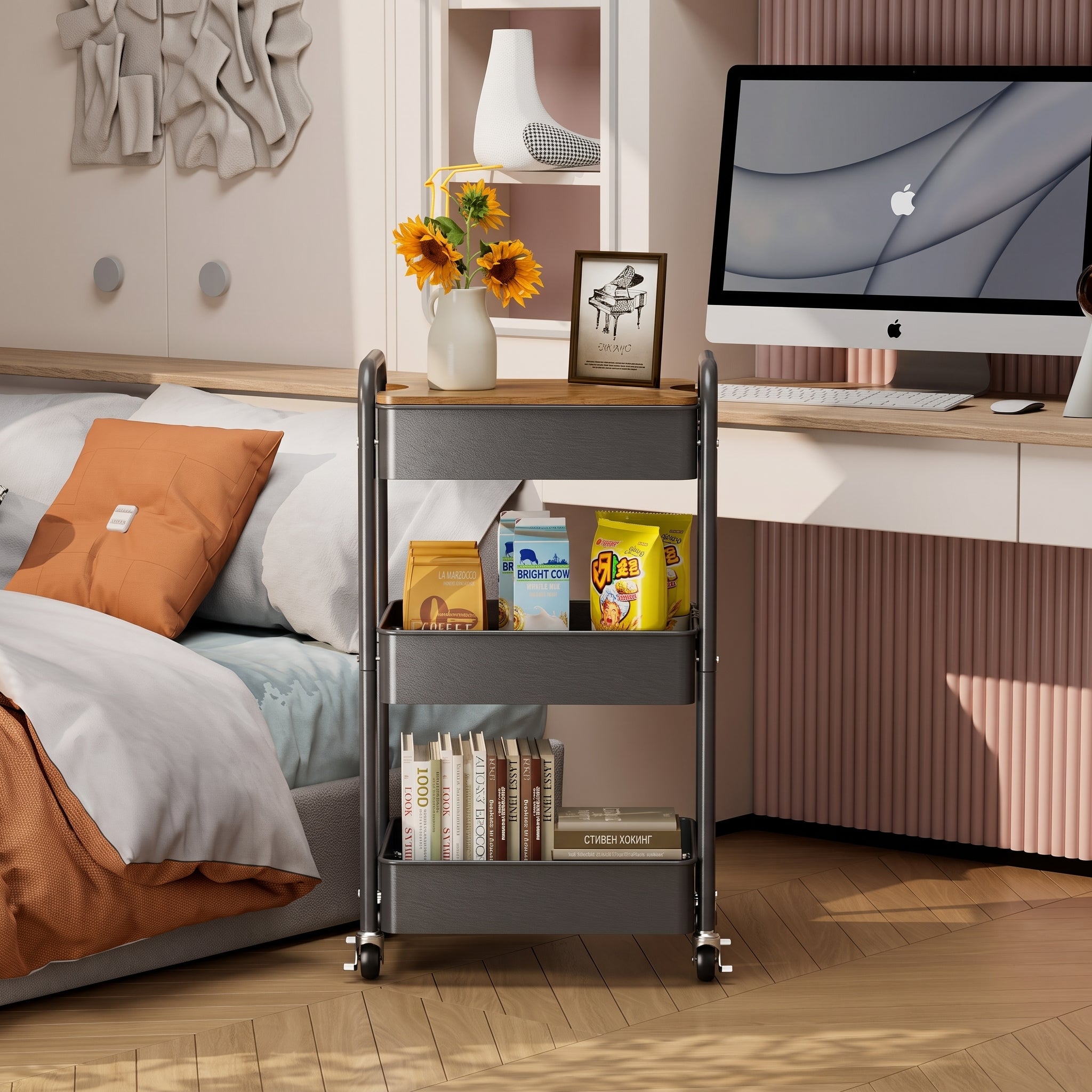 3-Tier Rolling Utility Storage Cart with an Adjustable Flip-Top Laptop Tabletop