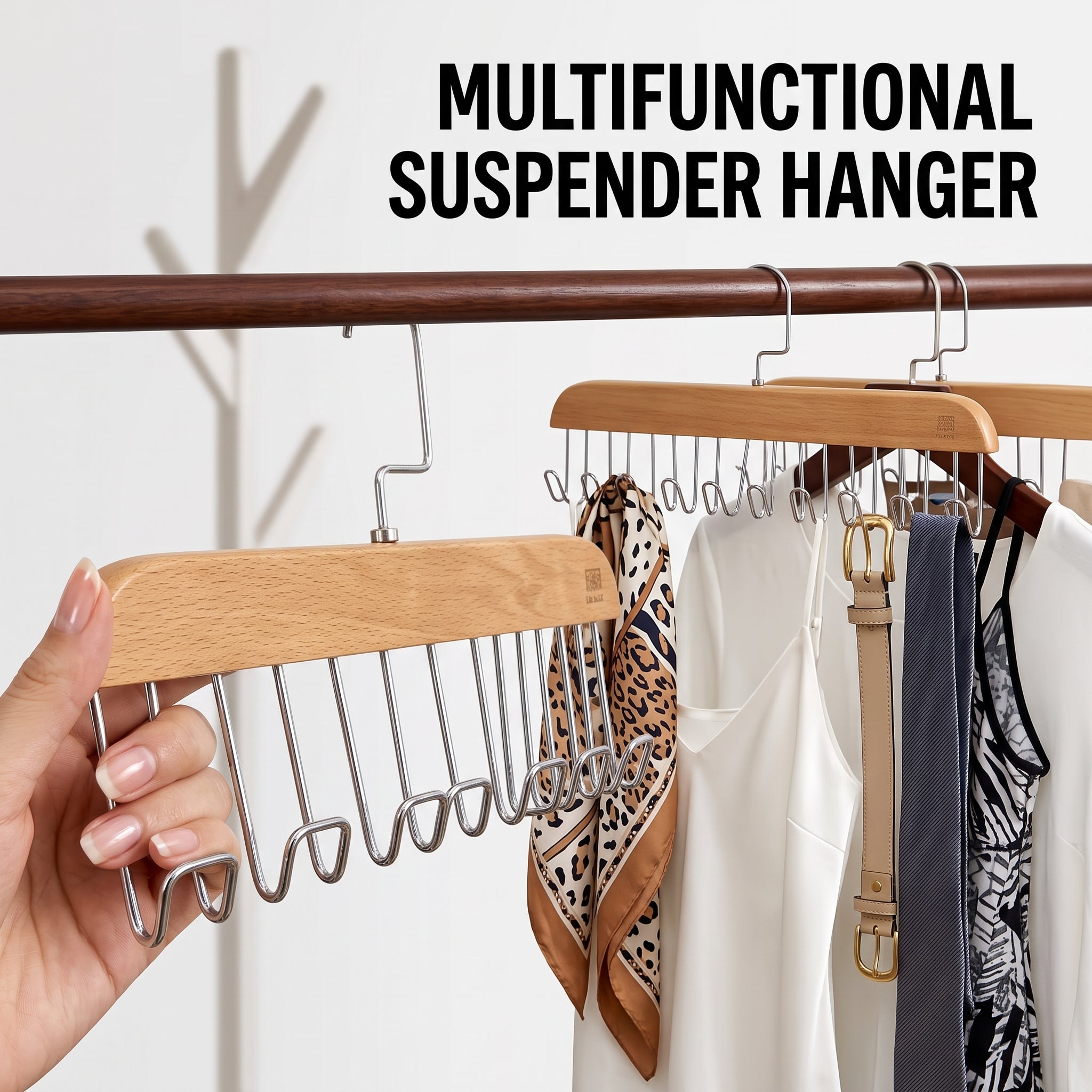 Multifunctional Wooden Hanger with 8 Hooks