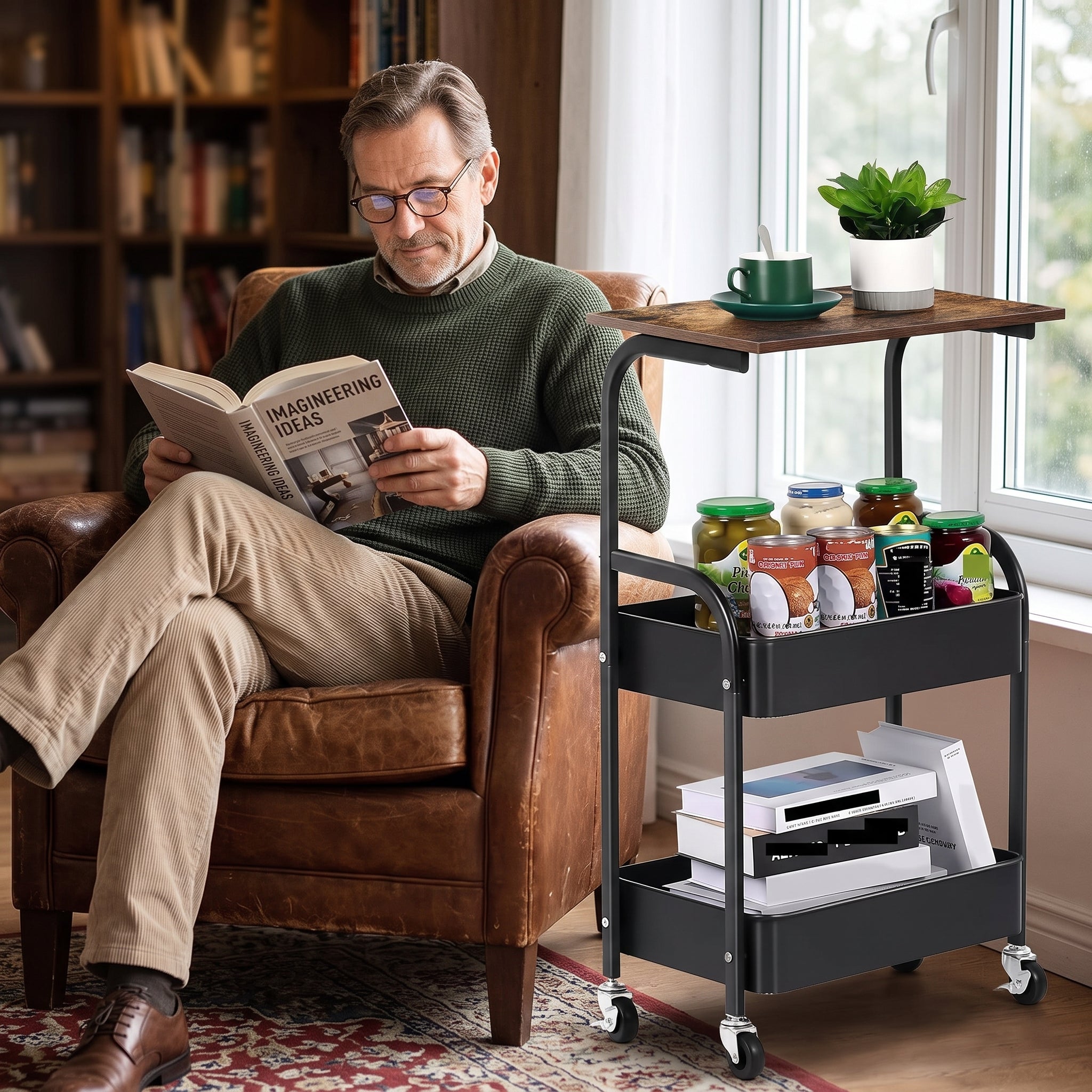 3-Tier Rolling Utility Storage Cart with an Adjustable Flip-Top Laptop Tabletop