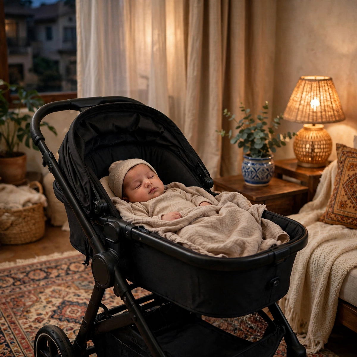Newborn sleeping in the lie-flat bassinet mode of the Halfri Premium Baby Stroller