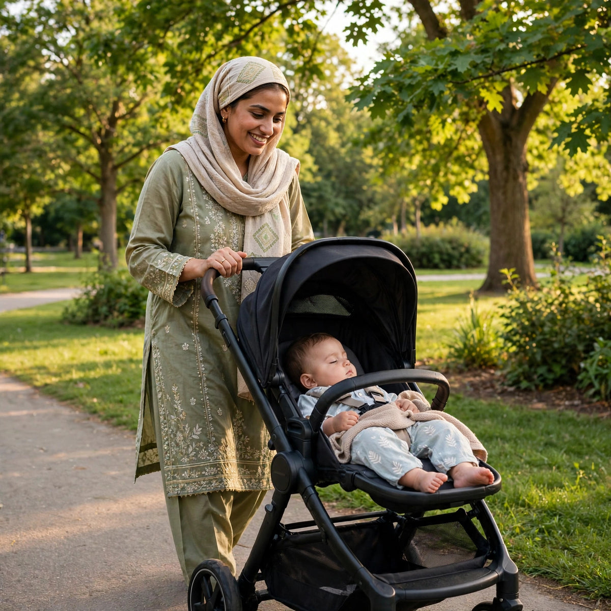 Pakistani mother strolling her baby in the park with the Halfri Premium Baby Stroller