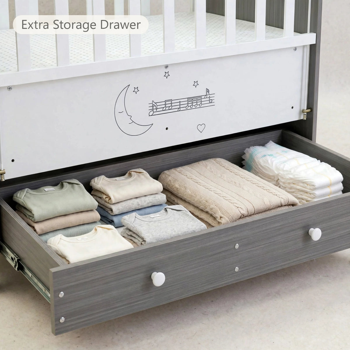 Halfri Wooden Baby Crib with Storage Drawer – Moon & Stars Design, Loc - Image 3