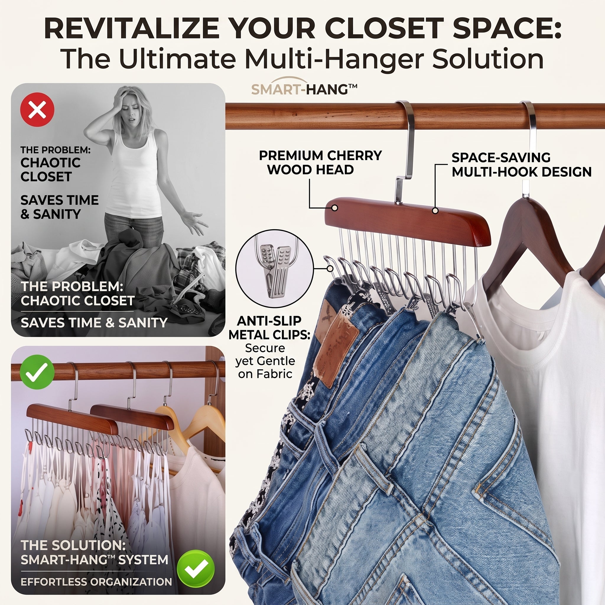 Multifunctional Wooden Hanger with 8 Hooks